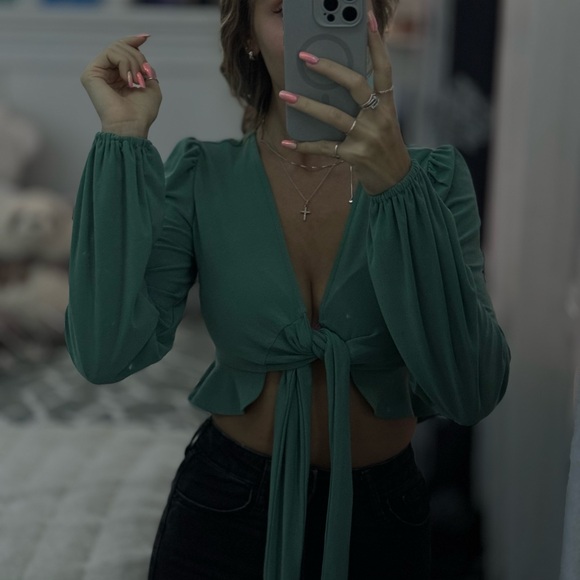 Bar III Deep Green Tie-Front Blouse - Picture 1 of 3